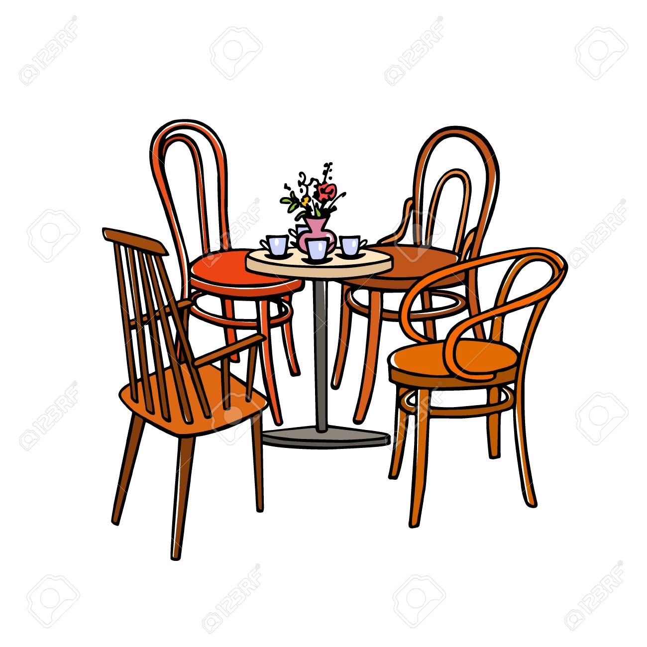 4 つの手描きコーヒー テーブルのベクトル イラストやヴィンテージの椅子 レトロなカフェの素敵なシーンは 図面 グラフィック スタイルをインクします 美しいデザイン要素です のイラスト素材 ベクタ Image 4332
