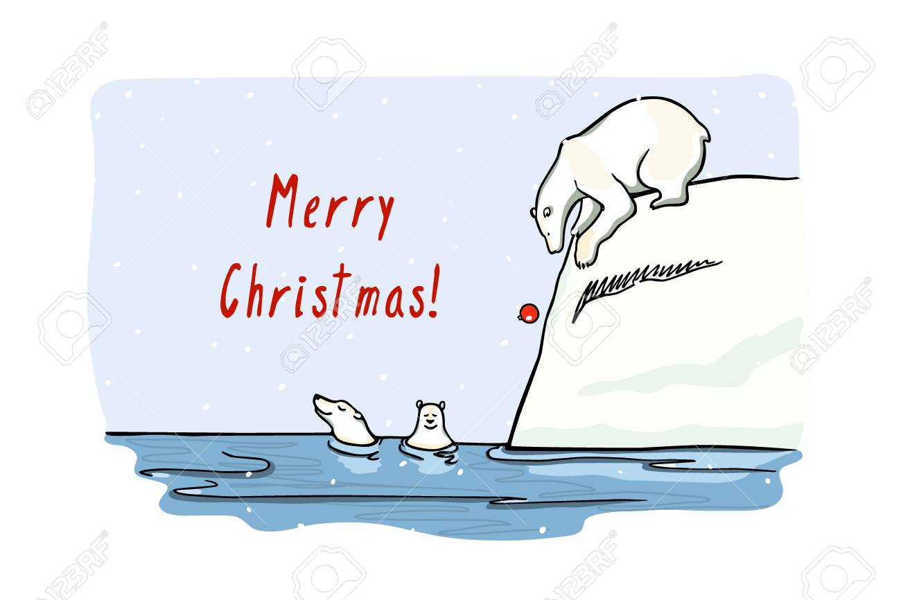 手描きかわいいホッキョクグマ とベクトル クリスマス カード冷たい水で泳ぐとクリスマスをローリング キャッチしようボール 上に氷山 美しいインク描画 面白いイラストです のイラスト素材 ベクタ Image