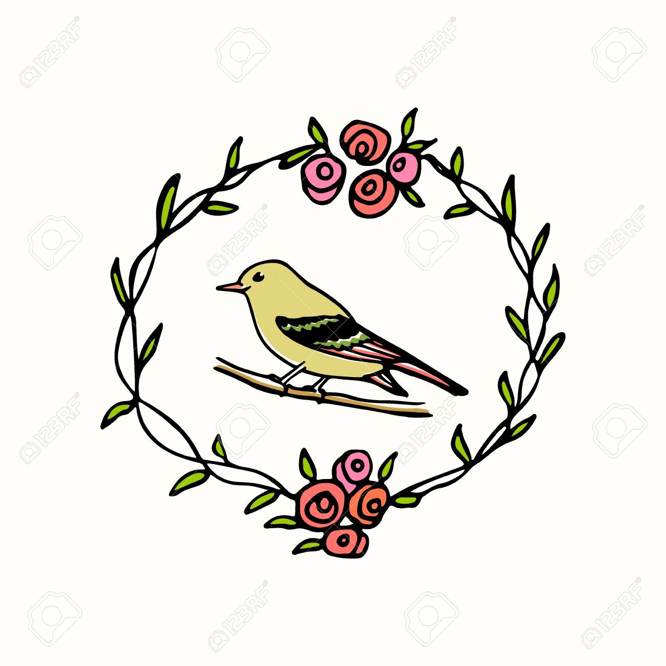 Guirlande Rose Dessiné Avec Un Petit Oiseau En Vecteur éléments De Beau Design Floral Dessin à Lencre Modèle De Logo