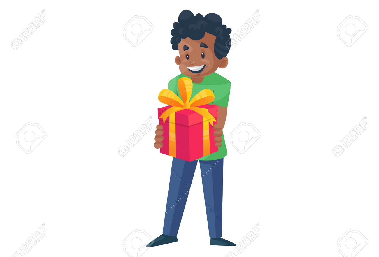 Office boy is holding a gift box in his hands. Vector graphic illustration. Individually on a white background. - 171713267 Office boy is holding a gift box in his hands. Vector graphic illustration. Individually on a white background. - 171713267