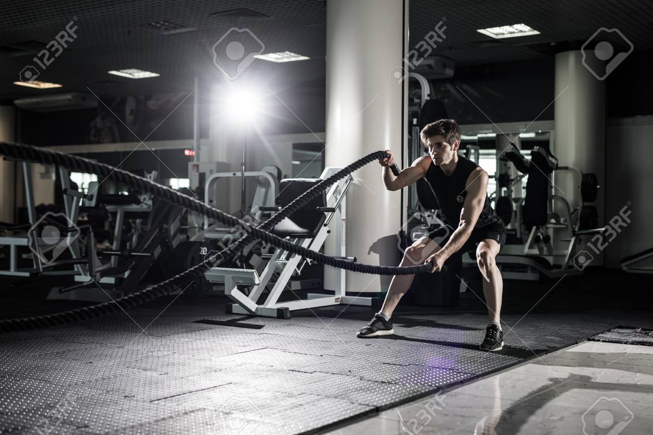 crossfit battling ropes at gym workout exercise stock photo, picturecrossfit battling ropes at gym workout exercise stock photo 83570001