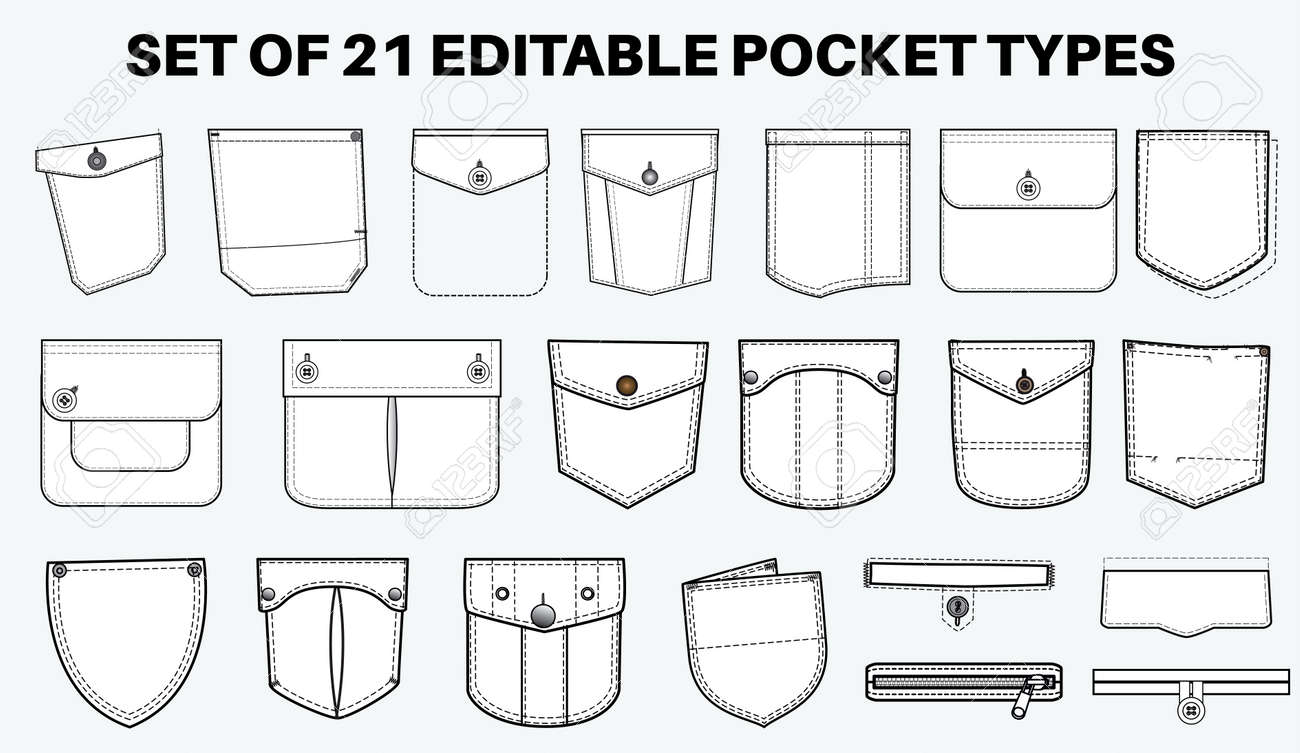 Patch pocket flat sketch vector illustration set, different types of Clothing Pockets for jeans pocket, denim, sleeve arm, cargo pants, dresses, garments, Clothing and Accessories - 168428719 Patch pocket flat sketch vector illustration set, different types of Clothing Pockets for jeans pocket, denim, sleeve arm, cargo pants, dresses, garments, Clothing and Accessories - 168428719