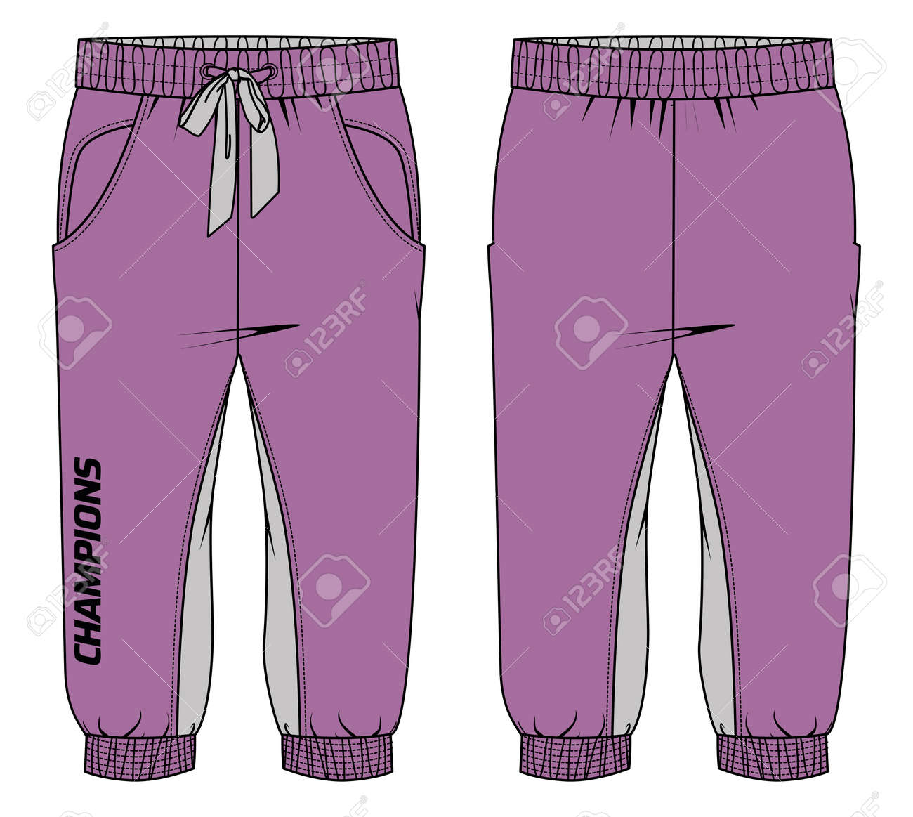 Los Pantalones De Tres Cuartos De Las Mujeres Diseñan Ilustración De Moda De Boceto Plano Para Niñas Y Damas, De Pantalones Bermuda Capri Con Vista Frontal Y Trasera. Ropa
