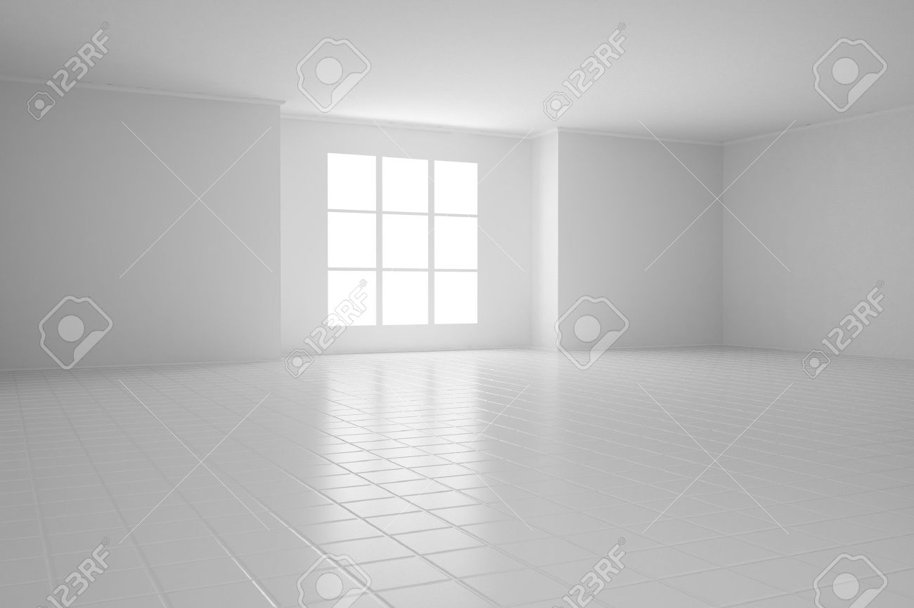 Empty white room with square windows and tiled floor - 21551661 Empty white room with square windows and tiled floor - 21551661