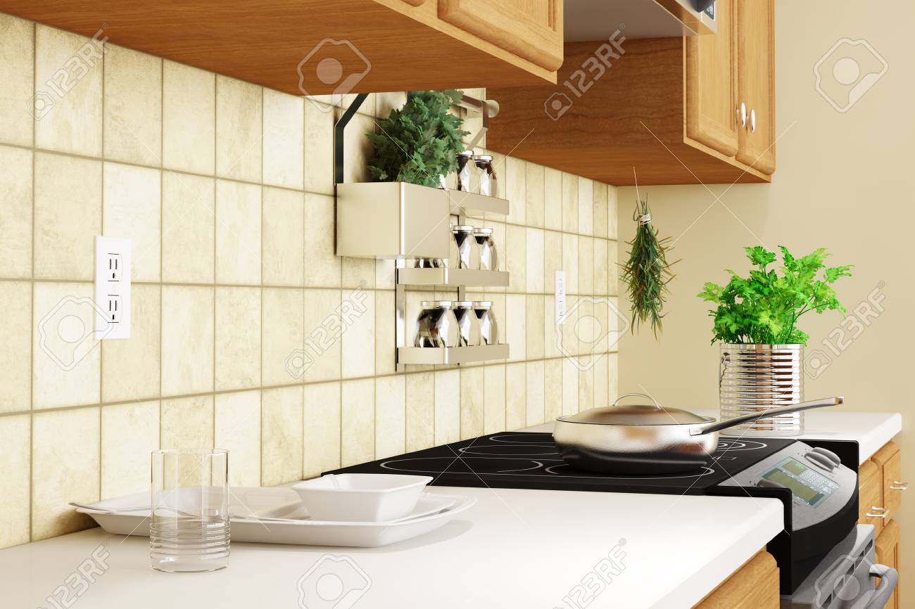 Kitchen interior closeup with herbs and dishes - 22674720 Kitchen interior closeup with herbs and dishes - 22674720