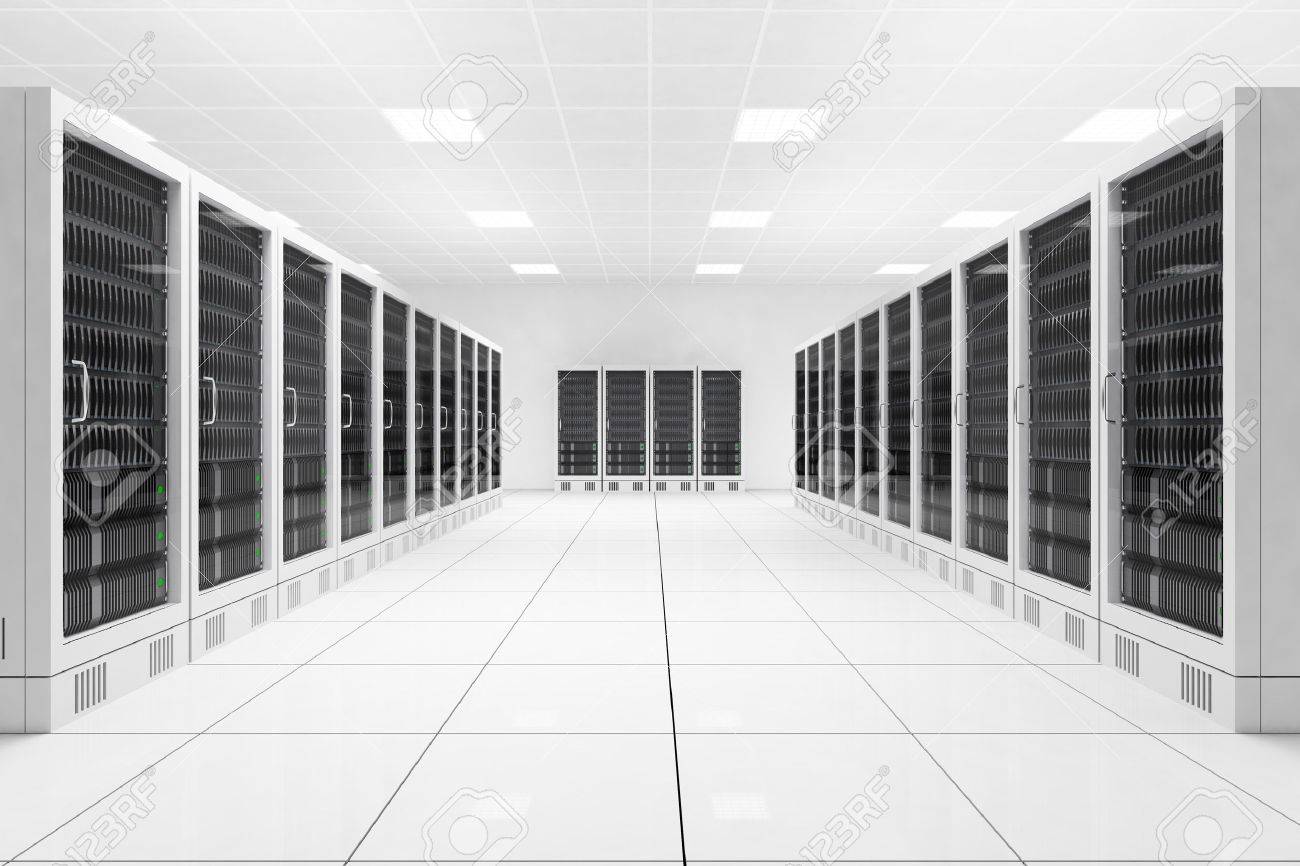 Datacenter with two rows of computers in white room - 24921220 Datacenter with two rows of computers in white room - 24921220