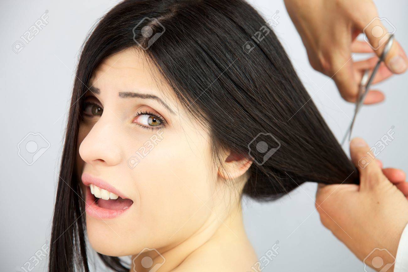 Woman Not Ready To Get Her Hair Cut Short Stock Photo Picture And
