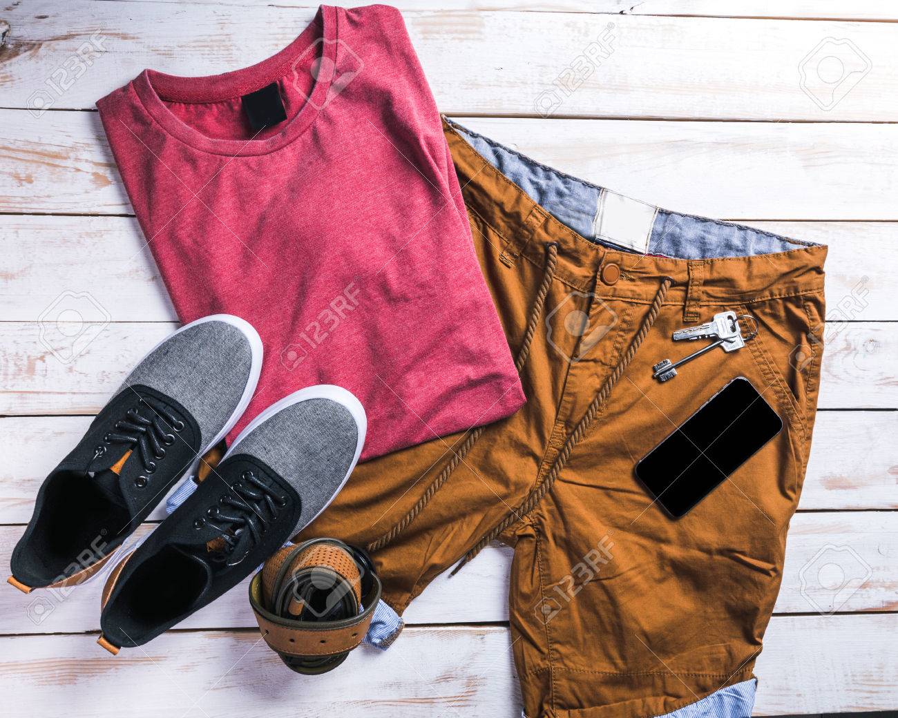 cool fashion casual men outfit on wooden table - 86088411 cool fashion casual men outfit on wooden table - 86088411