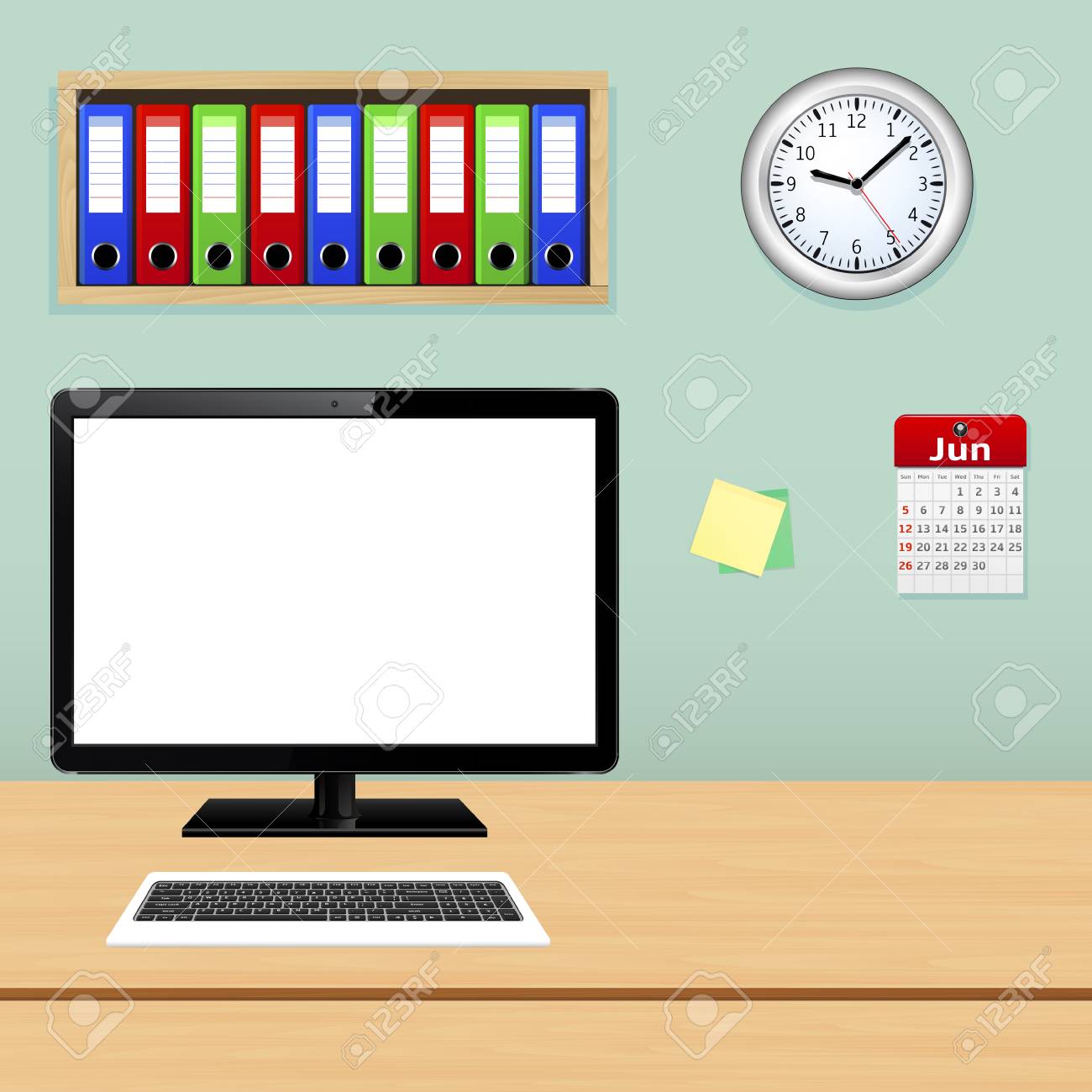 office workplace with computer pc file folder calendar and