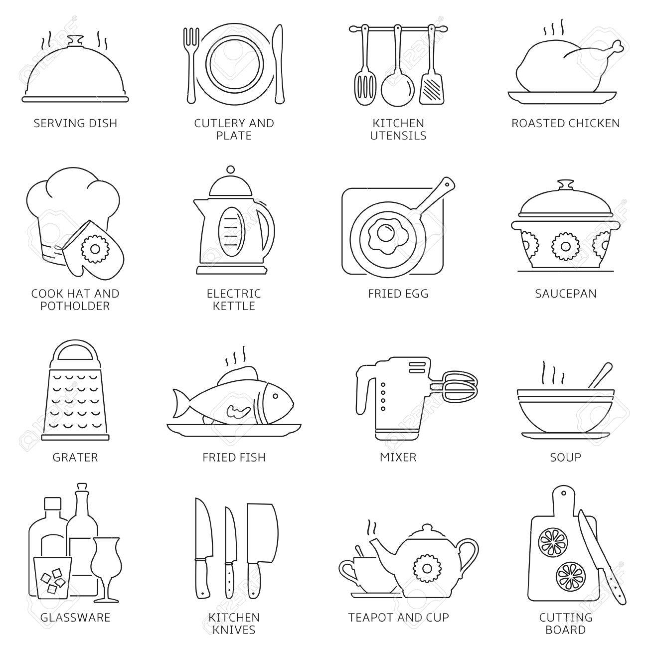 Ikonen Moderne Dunne Linie Satz Von Kuchenutensilien Haushalts Werkzeuge Geschirr Und Lebensmittel Lizenzfrei Nutzbare Vektorgrafiken Clip Arts Illustrationen Image 55535866