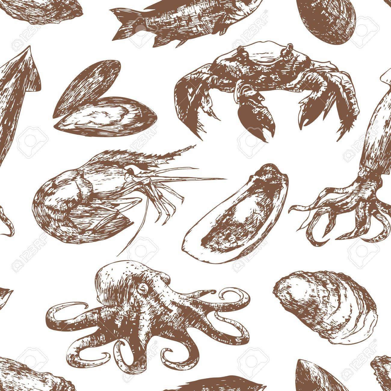 シーフードを使った手描きのスケッチ パターン ムール貝 海老 イカ タコ カニ 魚 デザイン メニューのレシピ パッケージ商品のためのベクトル イラスト のイラスト素材 ベクタ Image
