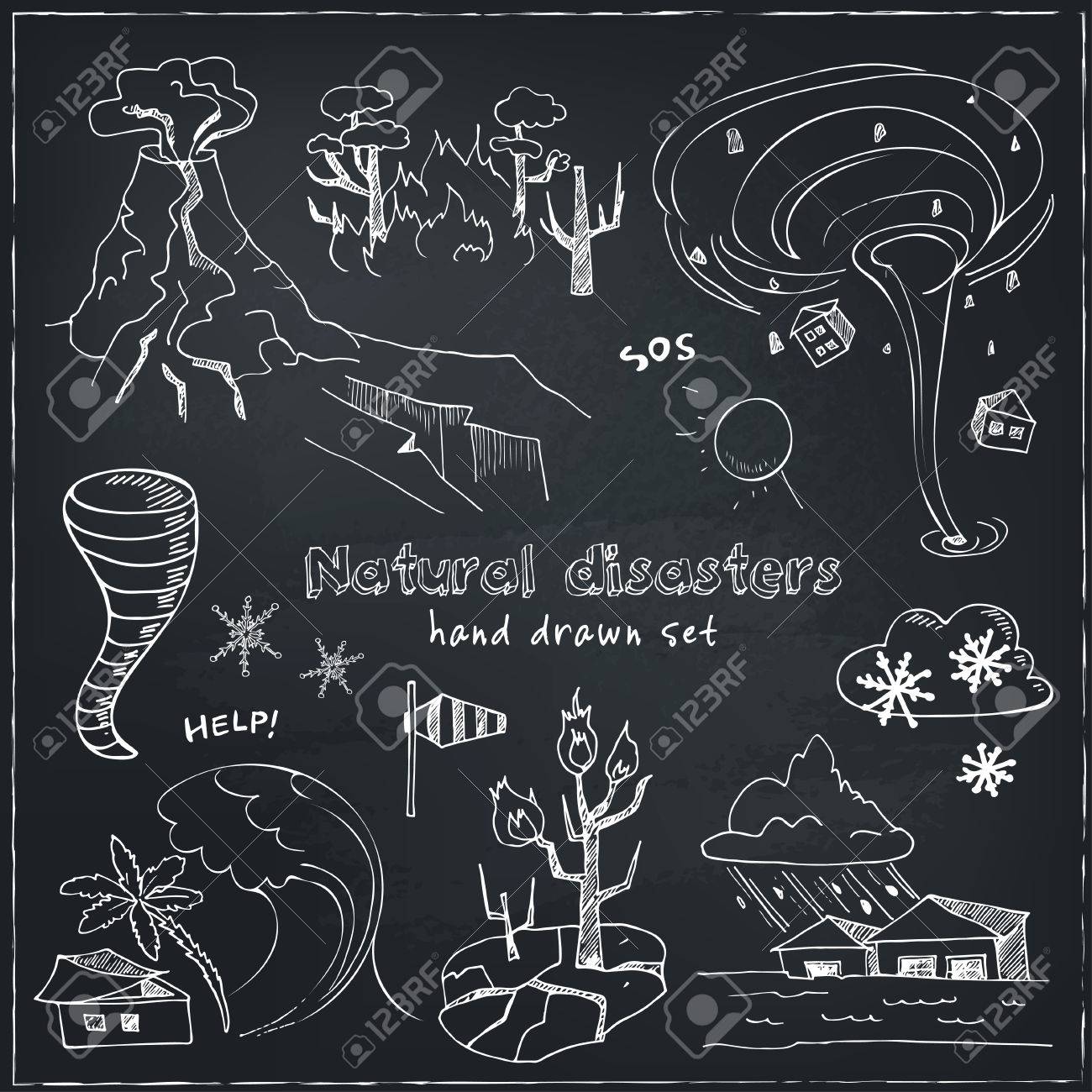 Set Of Doodle Sketch Natural Disasters Earthquake Tsunami Volcanic