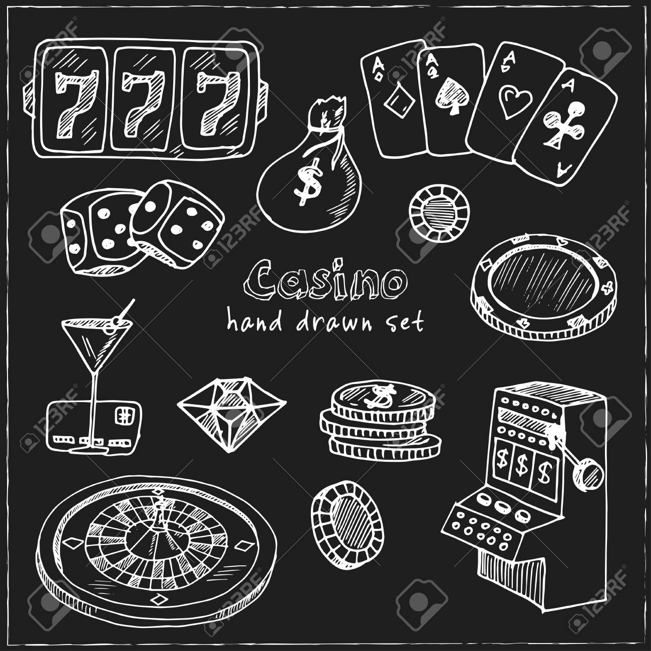 カジノ。○手描き落書きセット。ベクトルイラスト。黒板の背景に分離された要素。シンボル コレクション。のイラスト素材・ベクター Image  94099018