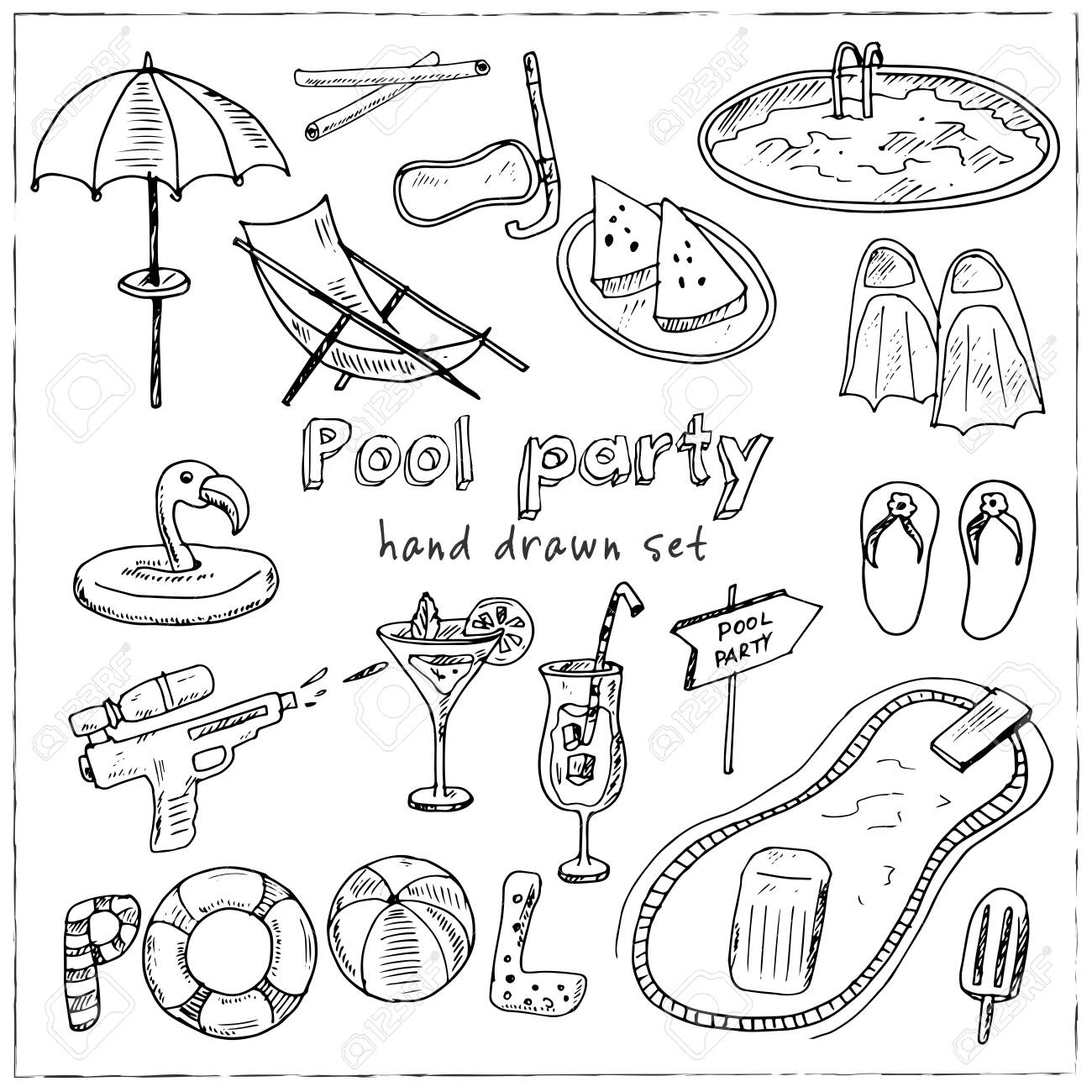 Download Pool Party Summer Hand Drawn Doodle Set Vector Illustration Royalty Free Cliparts Vectors And Stock Illustration Image 129126487