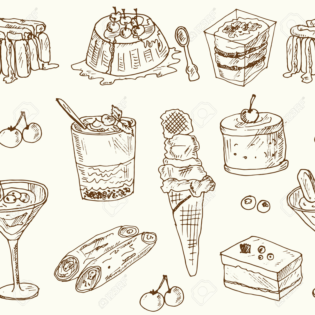 Italian Dessert Seamless Pattern With Food And Drink Hand Drawn Doodles.  Vector Illustration Royalty Free SVG, Cliparts, Vectors, and Stock  Illustration. Image 161970127., image size:1300x1300