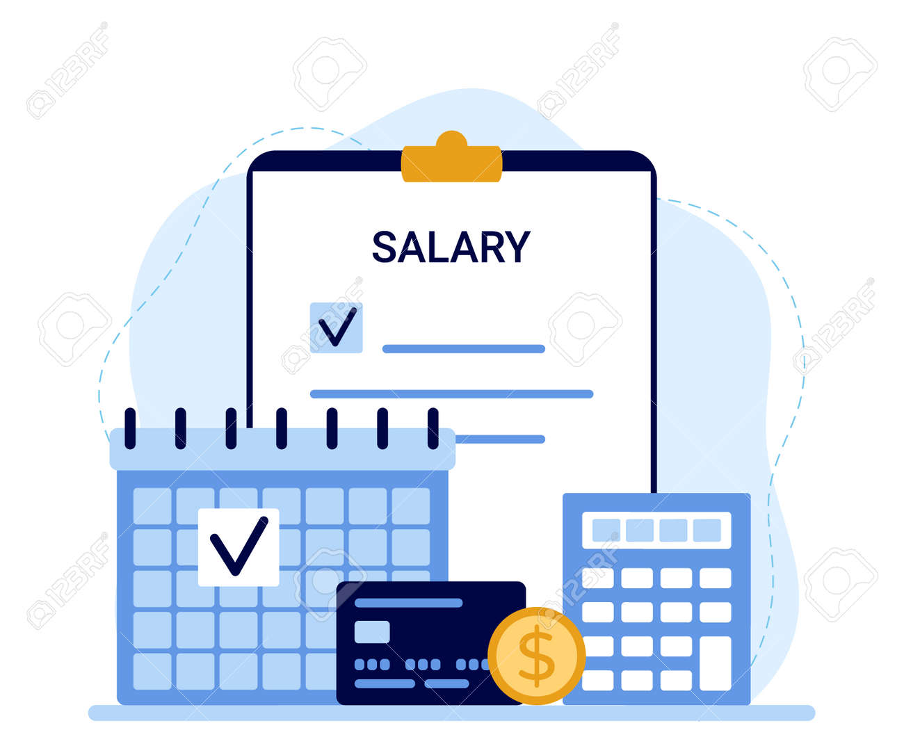 給与、日付給与支払い付きのカレンダー、お金を支払います。仕事の会計士、支払い、経費の計算をチェックします。簿記ベクトルのイラスト素材・ベクター  Image 186159469