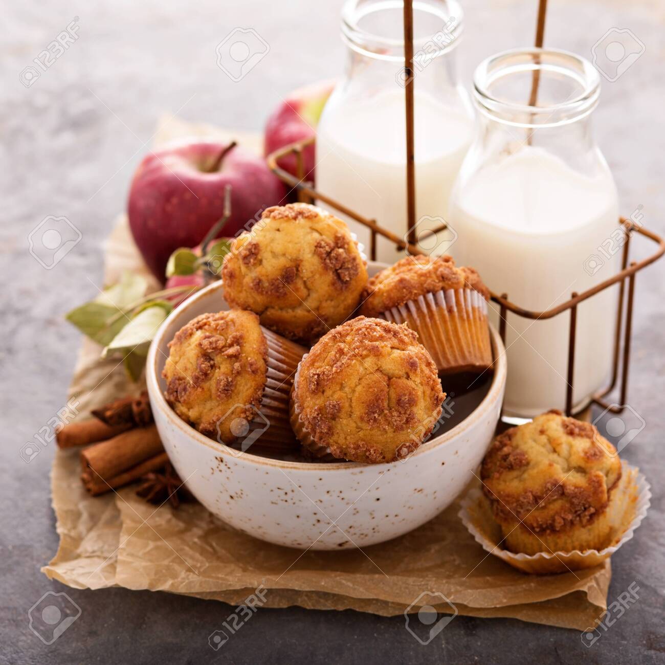 Apple cinnamon streusel muffins with milk bottles - 122038362 Apple cinnamon streusel muffins with milk bottles - 122038362