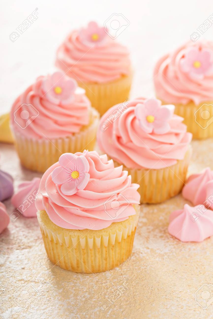 Cupcakes A La Vanille Avec Glacage A La Framboise Rose Pour Un Anniversaire De Fille Ou Une Douche De Bebe Banque D Images Et Photos Libres De Droits Image