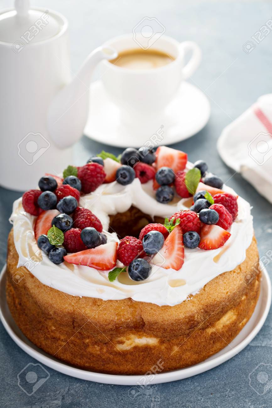 Angel Food Cake With Whipped Cream And Berries Stock Photo Picture And Royalty Free Image Image 81600283