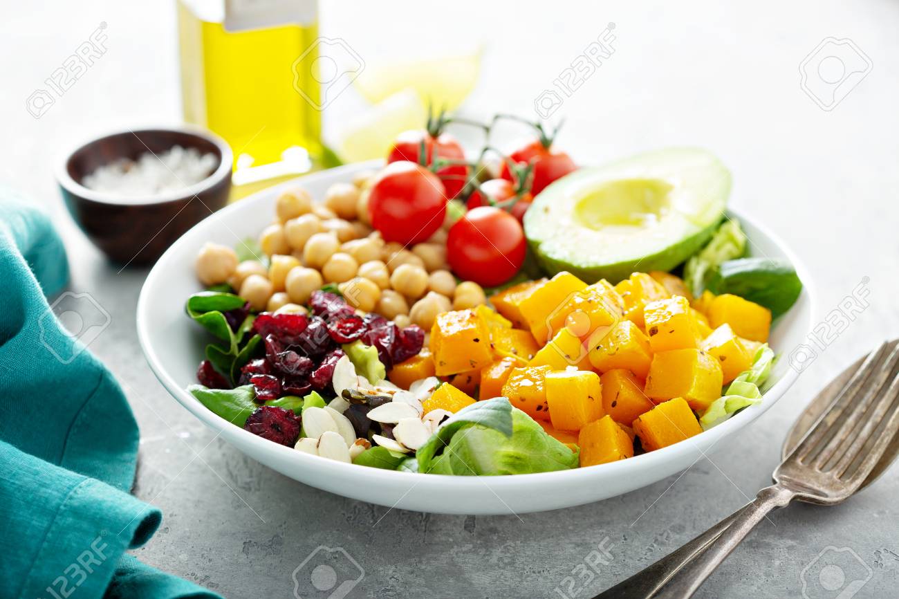 Vegan lunch bowl with chickpeas and roasted squash - 117939420 Vegan lunch bowl with chickpeas and roasted squash - 117939420