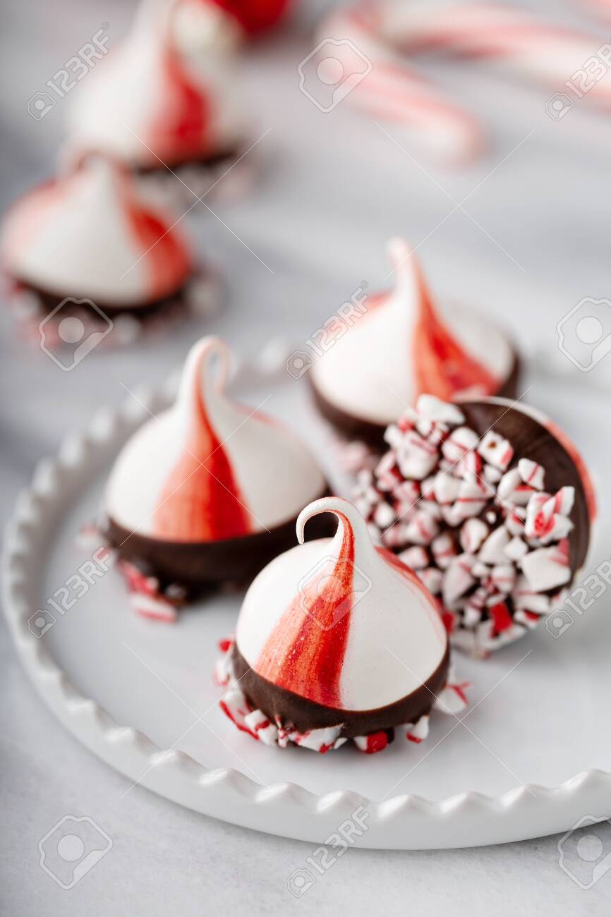 Peppermint Meringue Kisses Dipped In Dark Chocolate Festive Stock Photo Picture And Royalty Free Image Image 135762385