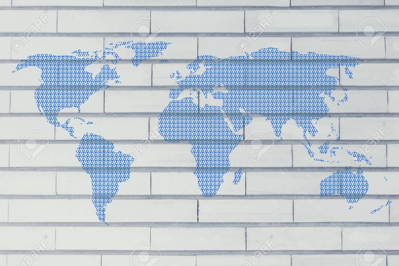 gps geolocalisation pins creating the map of the world stock photo