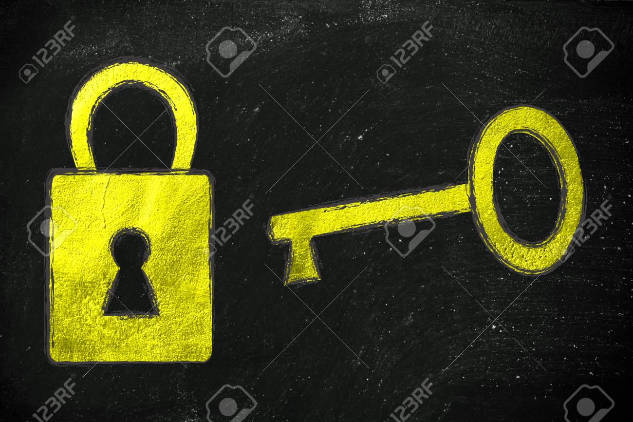 あなたの成功 黄金の鍵と錠前のイラストのロックを解除するキーを見つける の写真素材 画像素材 Image
