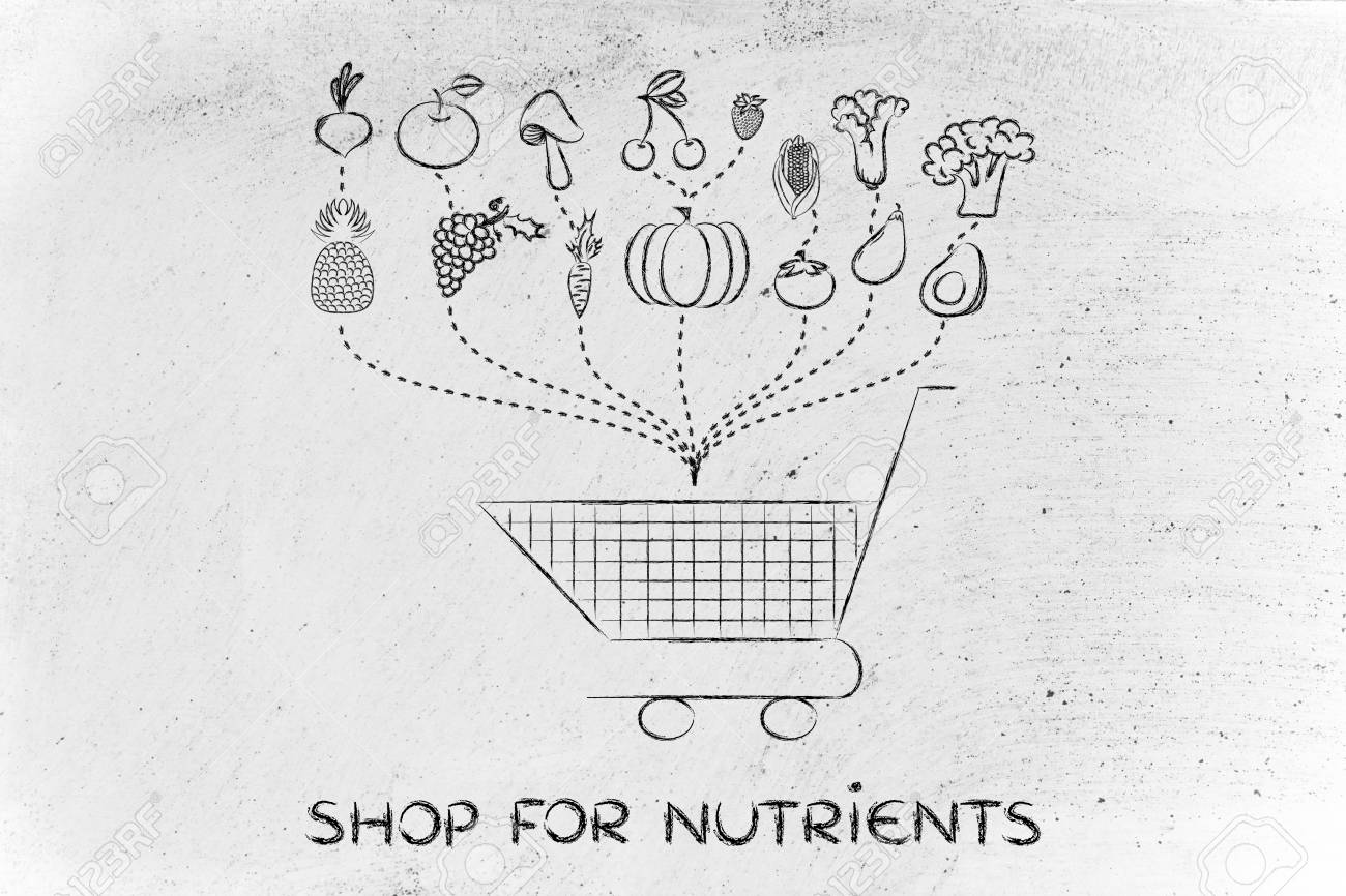 fruit and veggies being dropped inside a shopping cart illustration grocery li