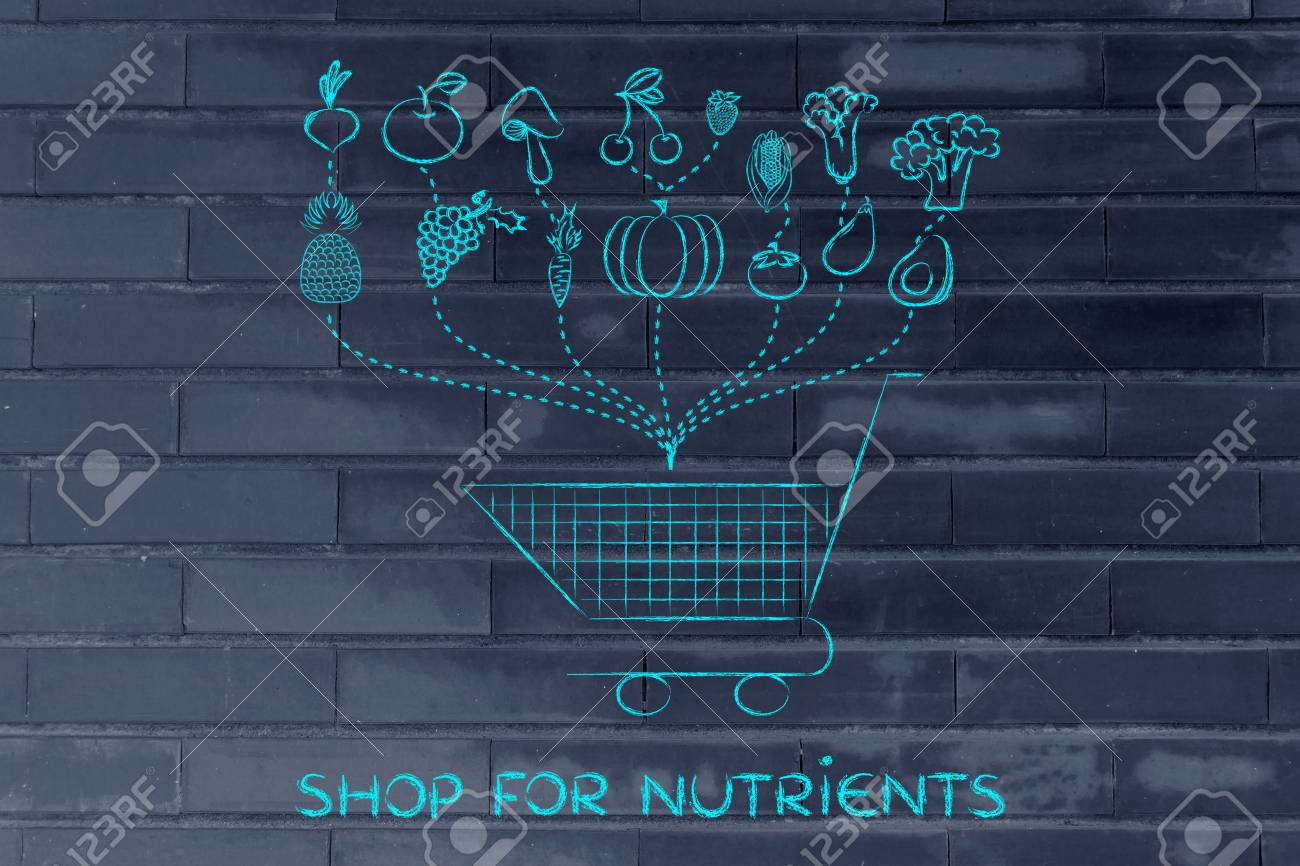 fruit and veggies being dropped inside a shopping cart illustration grocery li