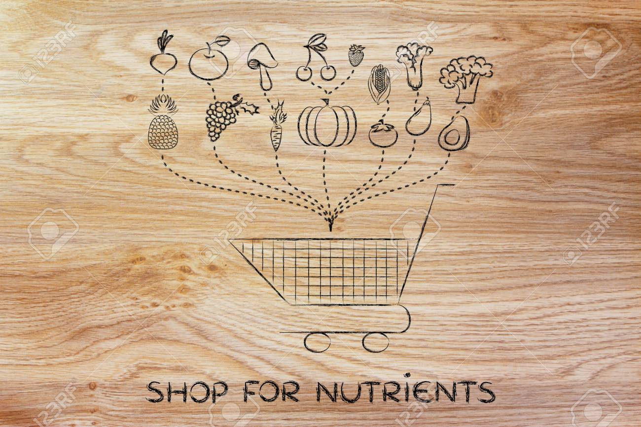 fruit and veggies being dropped inside a shopping cart illustration grocery li