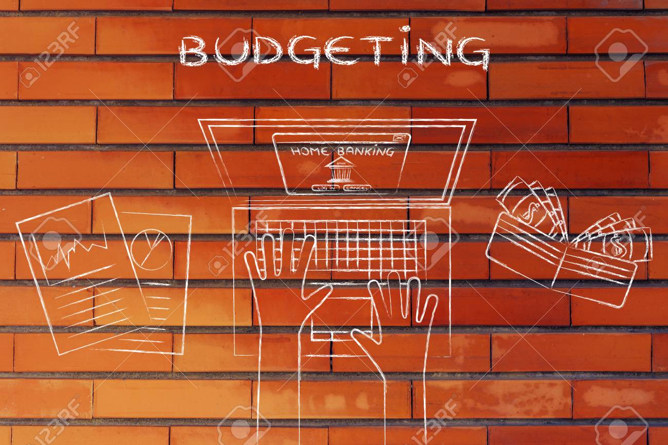 budgeting home banking user typing on his laptop with wallet budgeting home