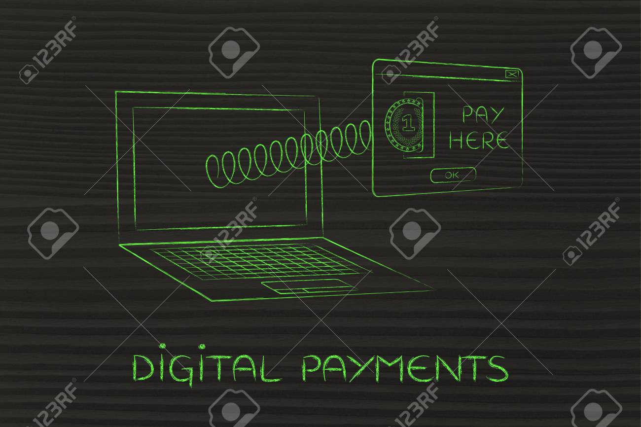 디지털 결제 : 스프링으로 화면에서 나오는 인서트 코인 팝업 메시지가있는 노트북 로열티 무료 사진, 그림, 이미지 그리고  스톡포토그래피. Image 56402436