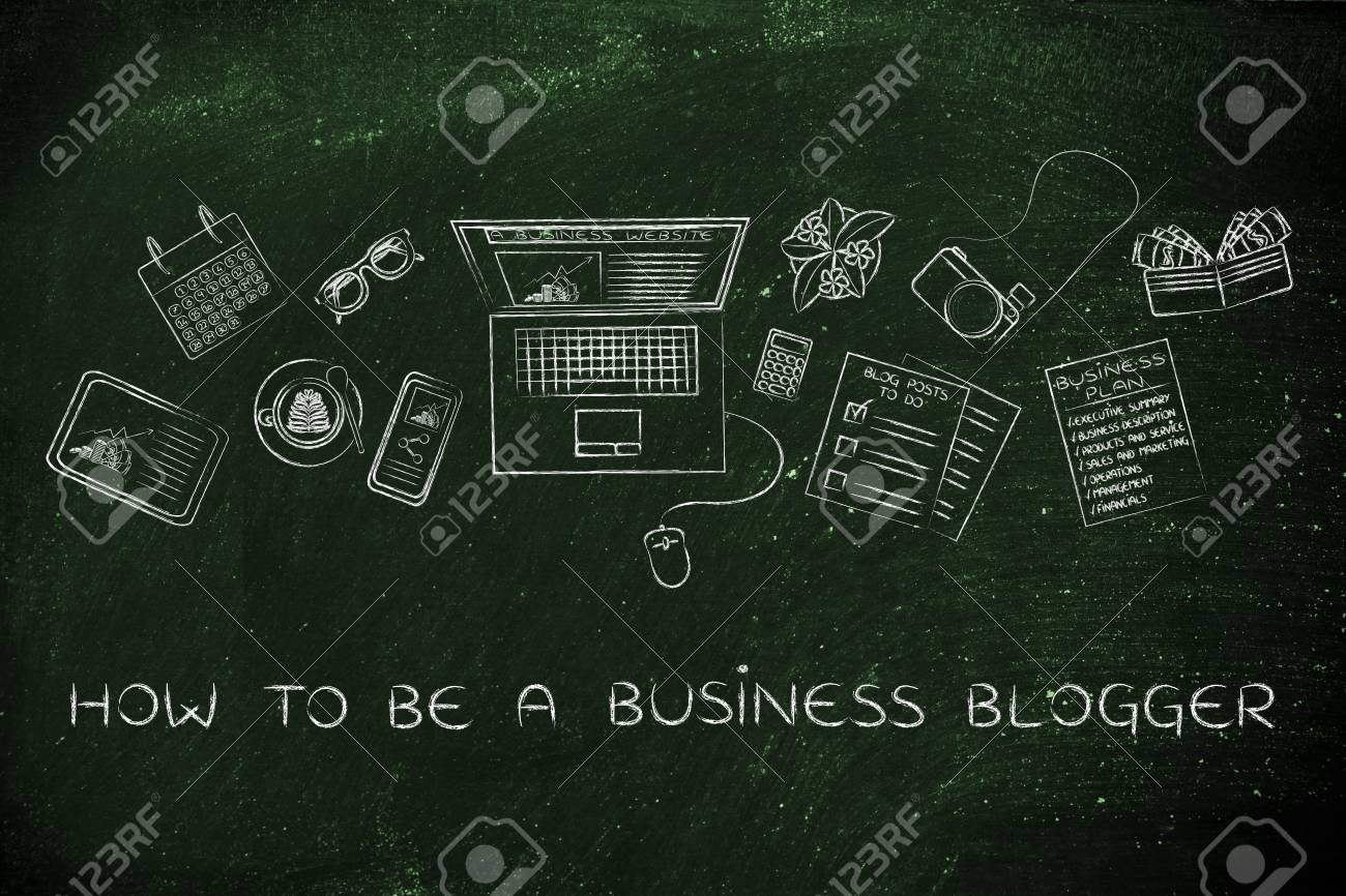 Cómo Ser Un Blogger De Negocios: Escritorio Con Objetos Comerciales Y Financieros Mixtos Y Sitio Web De Blog Personal En La Pantalla De La Computadora Portátil Fotos, Retratos, Imágenes Y Fotografía De