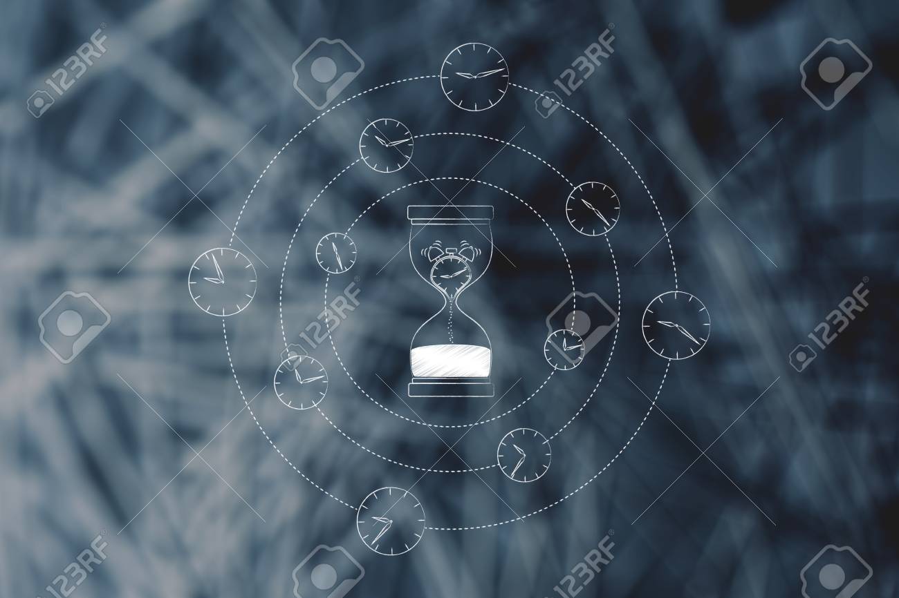 Sablier Avec Alarme De Fusion Entoure Par Des Horloges De Filature Concept De Temps Qui Passe Vite Banque D Images Et Photos Libres De Droits Image