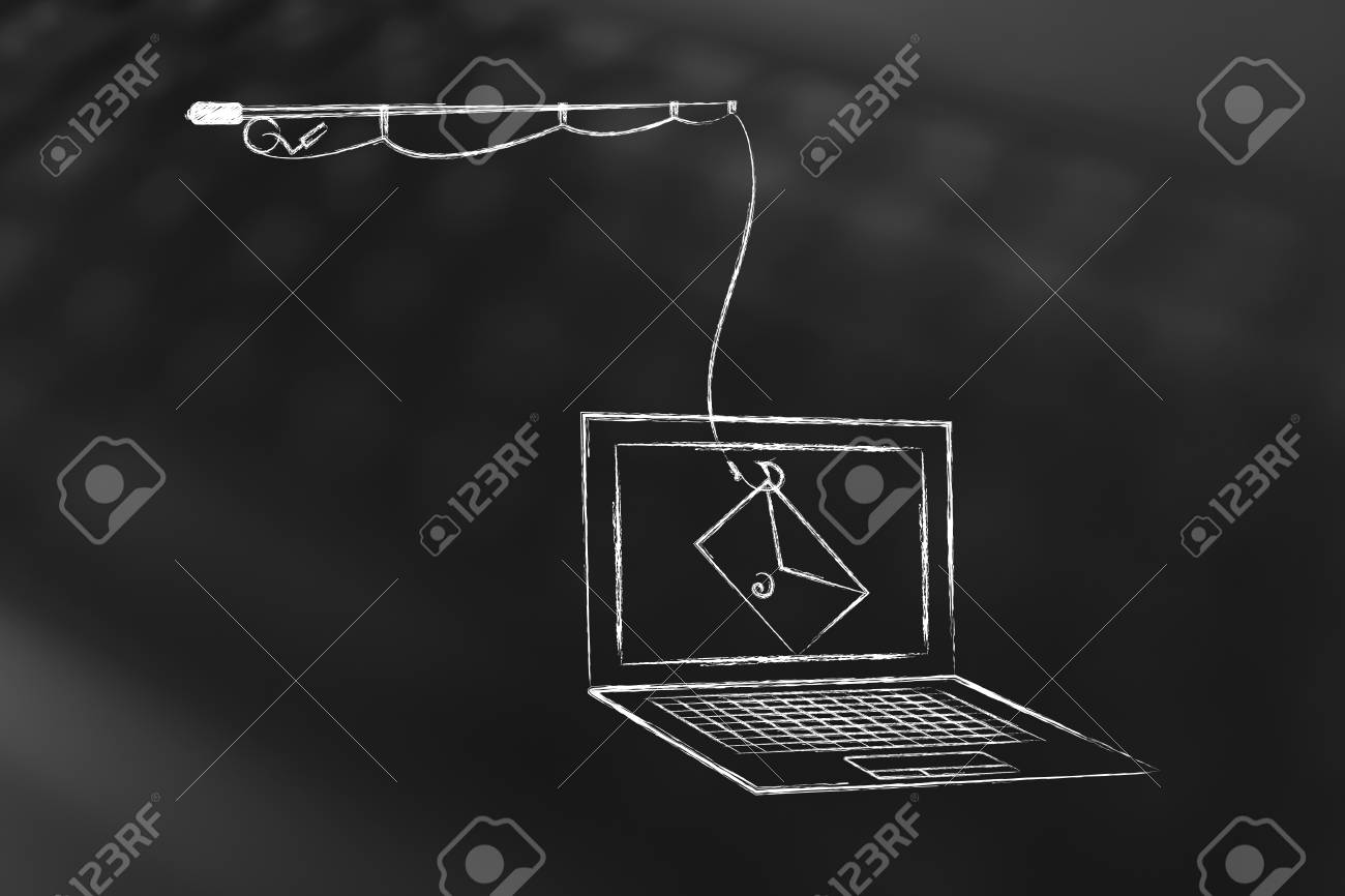 fishing rod with email instead of bait falling into laptop screeen