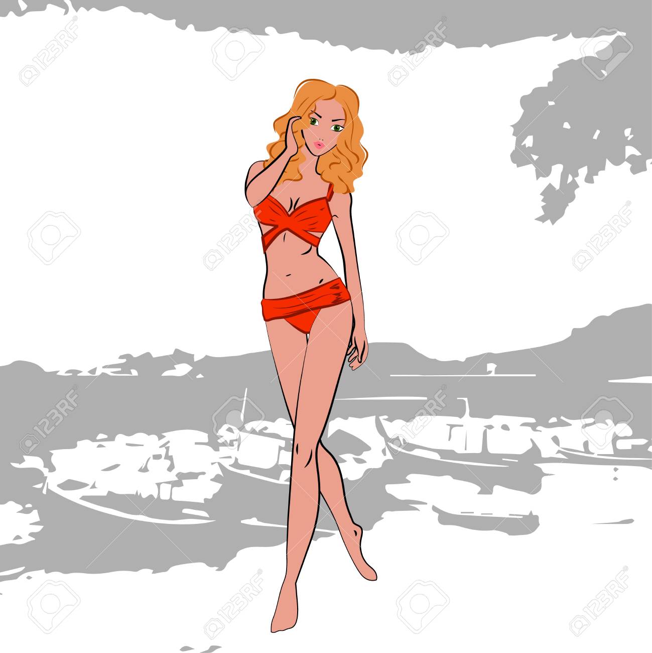 美しく セクシーな若い女性が流行の赤いビキニ ビーチの上を歩くベクトル イラスト のイラスト素材 ベクタ Image