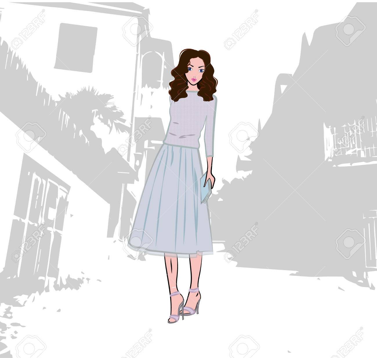 おしゃれなかわいい女の子ニットのセーターを着て 旧市街 ファッション イラスト ベクトルのチュール スカート のイラスト素材 ベクタ Image