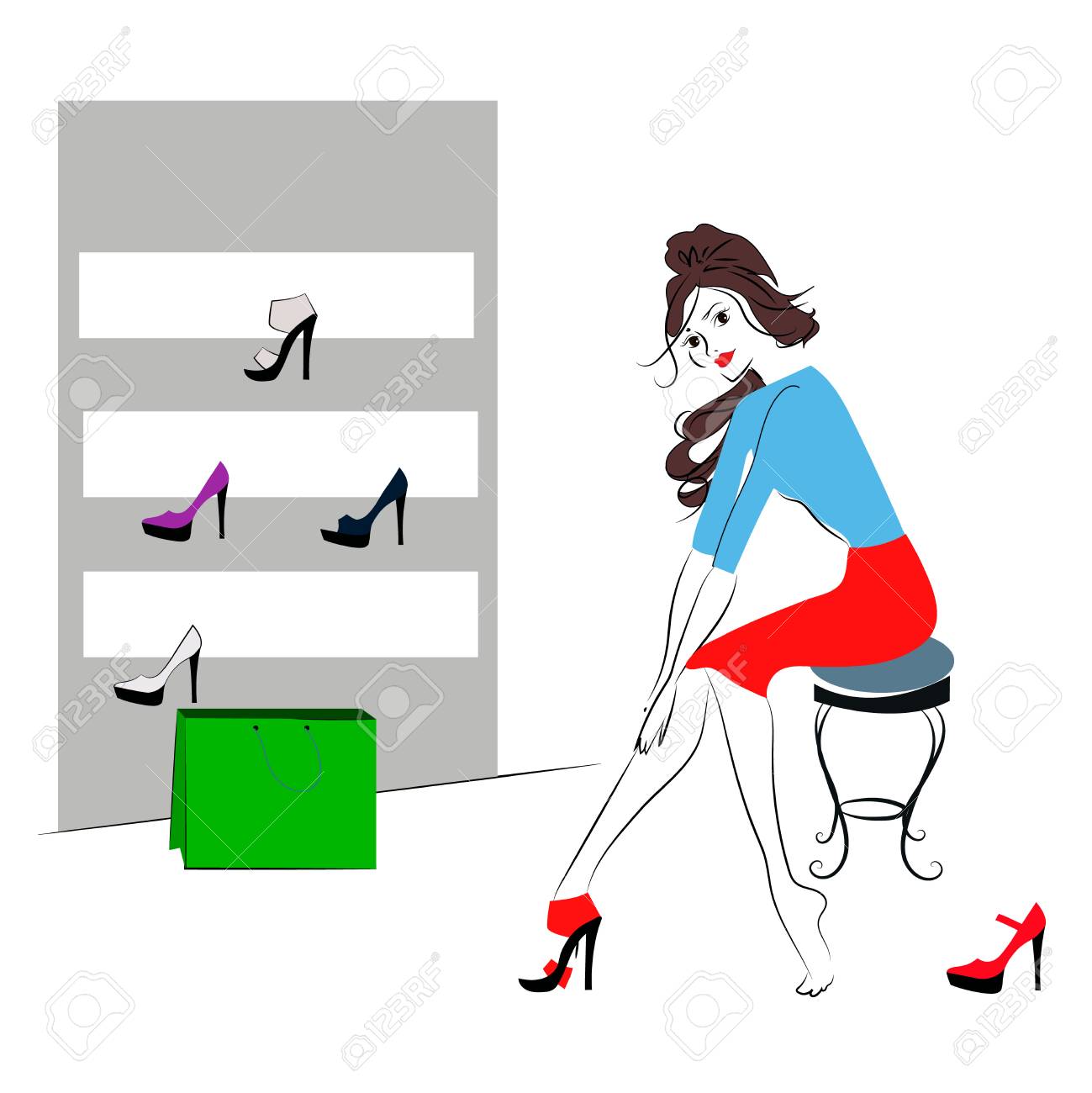 美しいセクシーな女の子の靴の新しいペアのショッピングのベクトル イラストのイラスト素材 ベクタ Image
