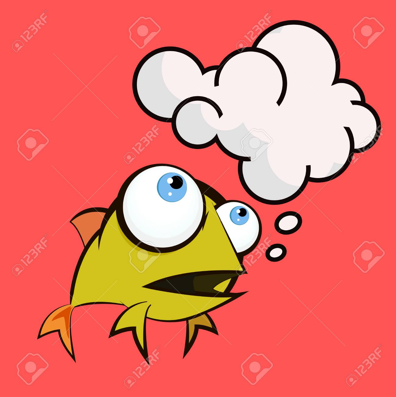 広告のためのスピーチバブルベクトルイラストと幸せな金魚漫画のキャラクターのイラストのイラスト素材 ベクタ Image