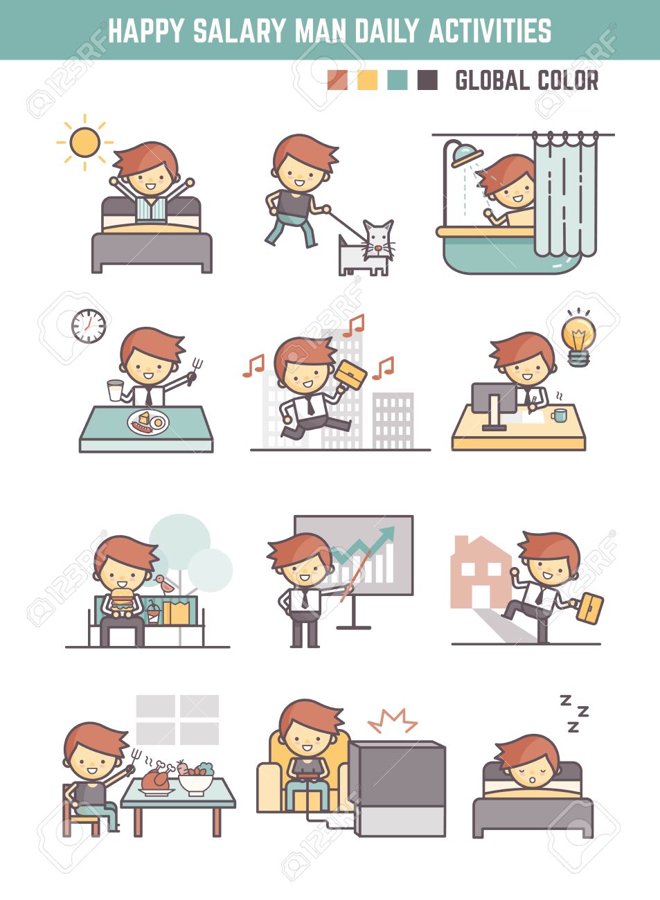 happy salary man daily life working day routine vector illustration daily working routine