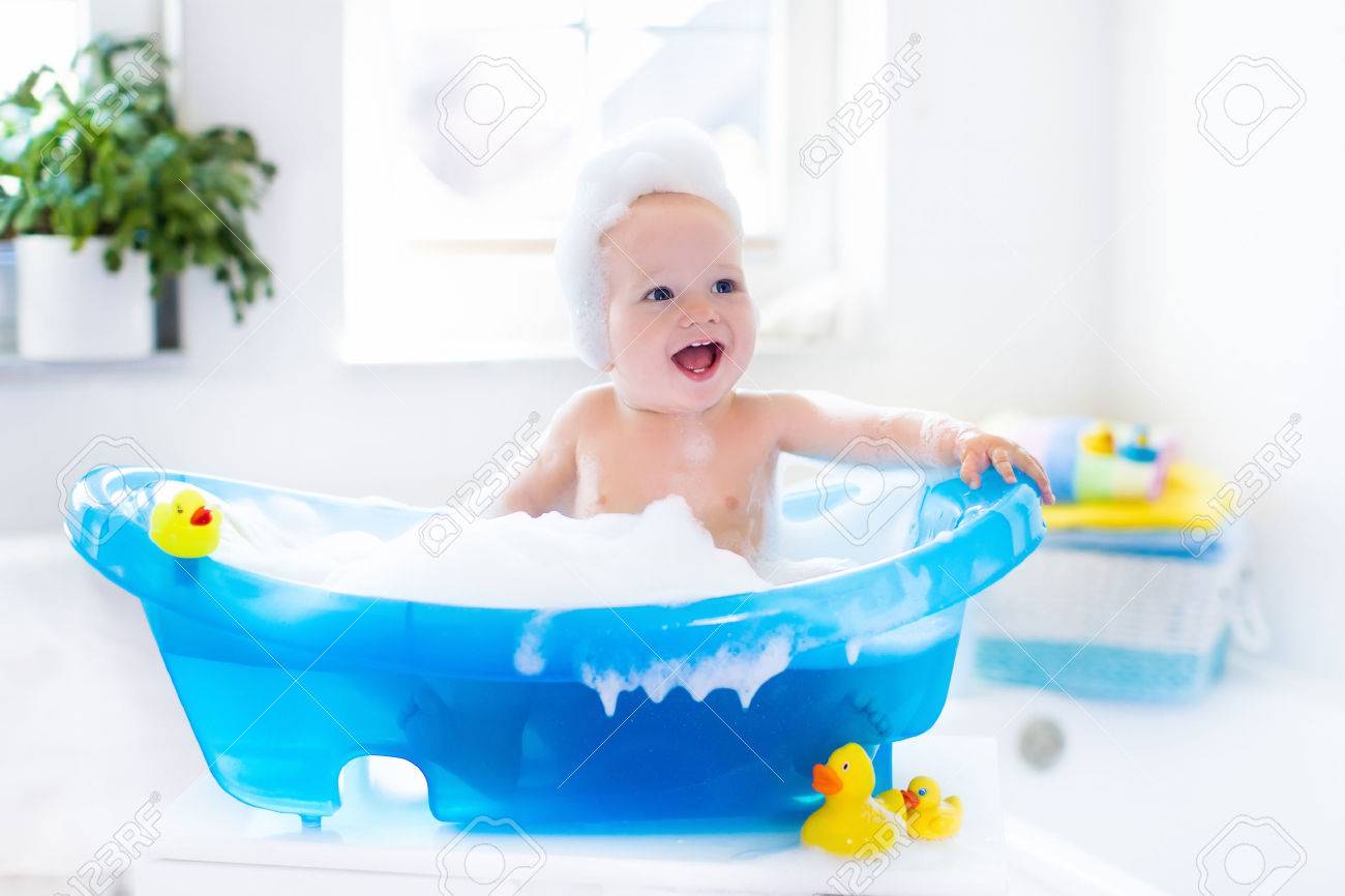 Happy Laughing Baby Taking A Bath Playing With Foam Bubbles Happy Laughing Baby Taking A Bath Playing With Foam Bubbles