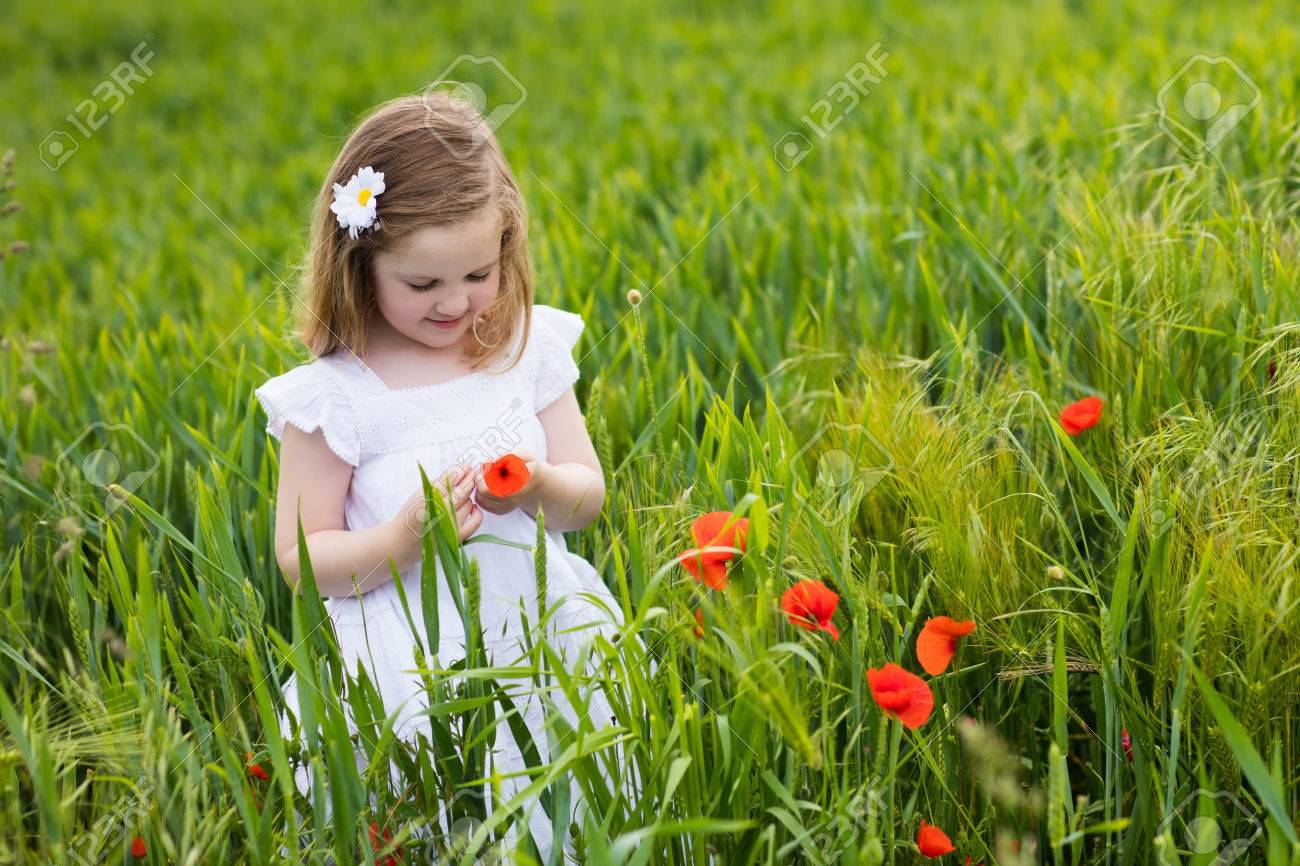 ポピーの花畑で遊んで白いドレスで愛らしい少女 子ピッキング赤いケシの花 夏の草原で楽しく幼児子供 国の家族は夏休み 子供たちは 花を摘みます の写真素材 画像素材 Image