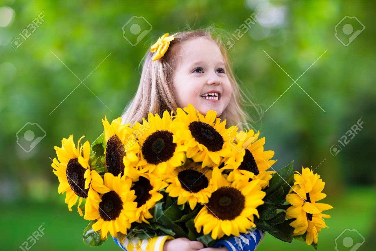 ひまわりの花束を持って幸せの笑う少女 ひまわりと遊ぶ子供 子供たちは庭で新鮮な太陽の花を選んでします 子供たちは夏のガーデニングします 屋外の楽しい家族のため の写真素材 画像素材 Image