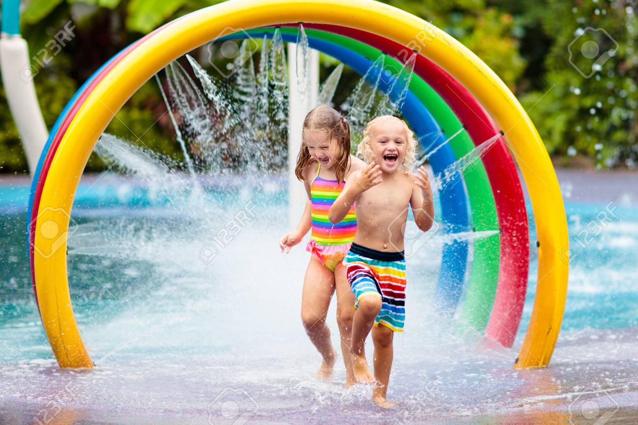 Kids Play In Aqua Park Children At Water Playground Of Tropical Stock Photo Picture And Royalty Free Image Image 123773667