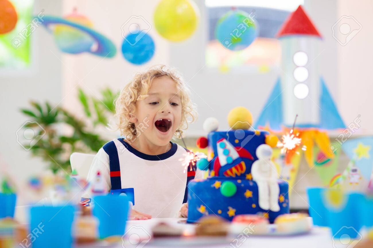 Kids Space Theme Birthday Party With Cake And Cupcakes Rocket