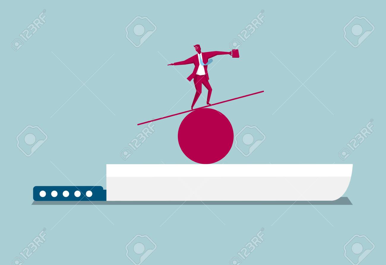 Businessman balancing on a wooden plank above a knife on blue background. - 125957154 Businessman balancing on a wooden plank above a knife on blue background. - 125957154