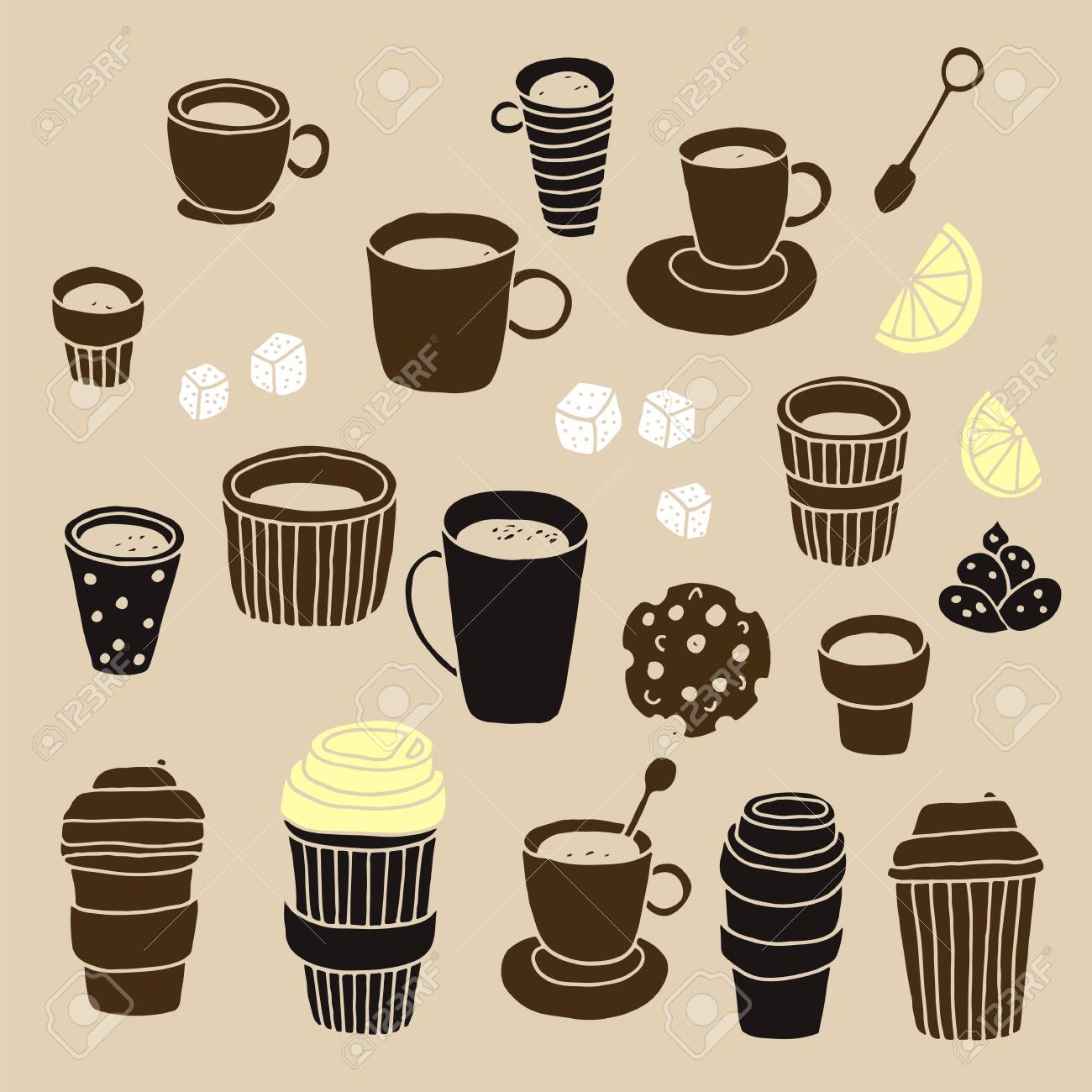Tea Time Vector Set Coffee Break Collection Plastic Coffee And Tea Cups Desserts Sugar Lemon Isolated On White Backgroundのイラスト素材 ベクタ Image