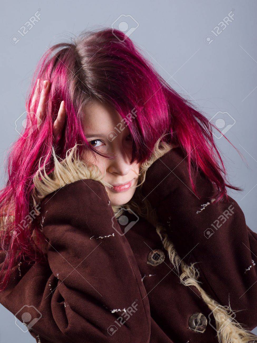 Emo Look Girl With Red Hair On Gray Background Stock Photo Picture And Royalty Free Image Image