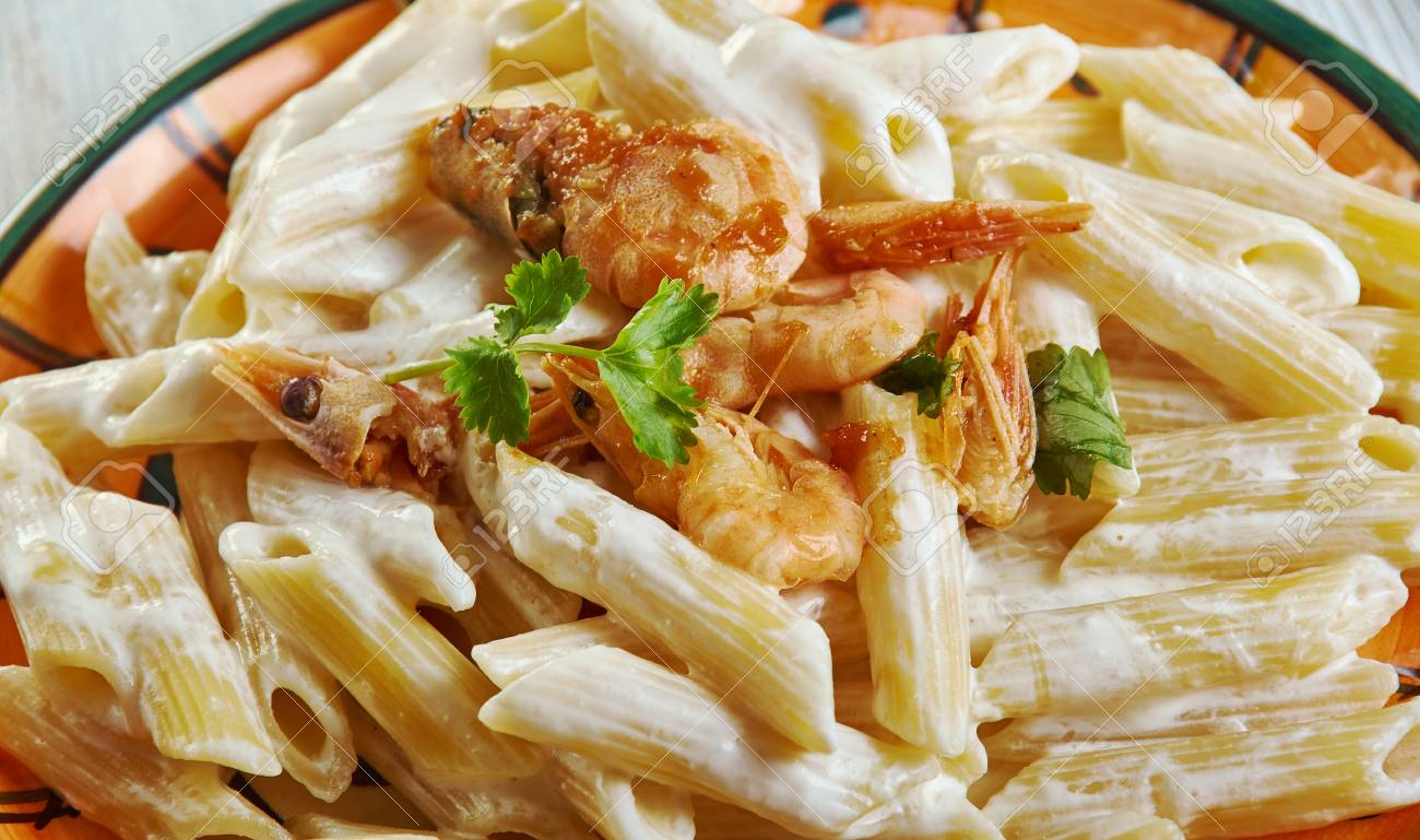 Shrimp Pasta With Creamy Mozzarella Sauce From Penne Pasta And Stock Photo Picture And Royalty Free Image Image 117643296