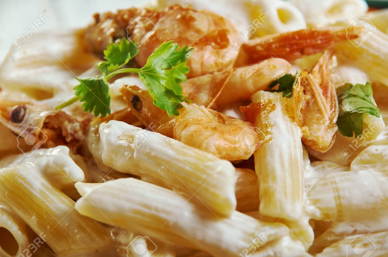 Shrimp Pasta With Creamy Mozzarella Sauce From Penne Pasta And Stock Photo Picture And Royalty Free Image Image 118746815